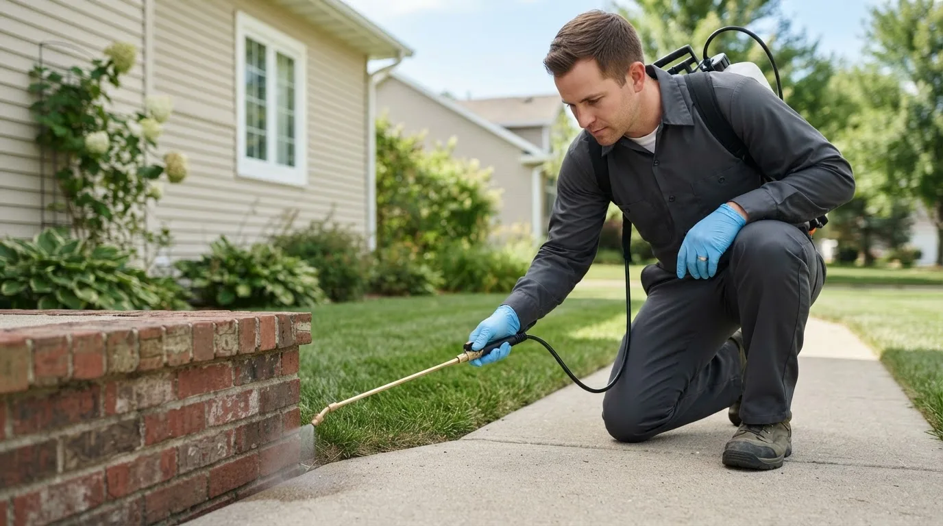 Pest control technician treating a home near New Town, ND