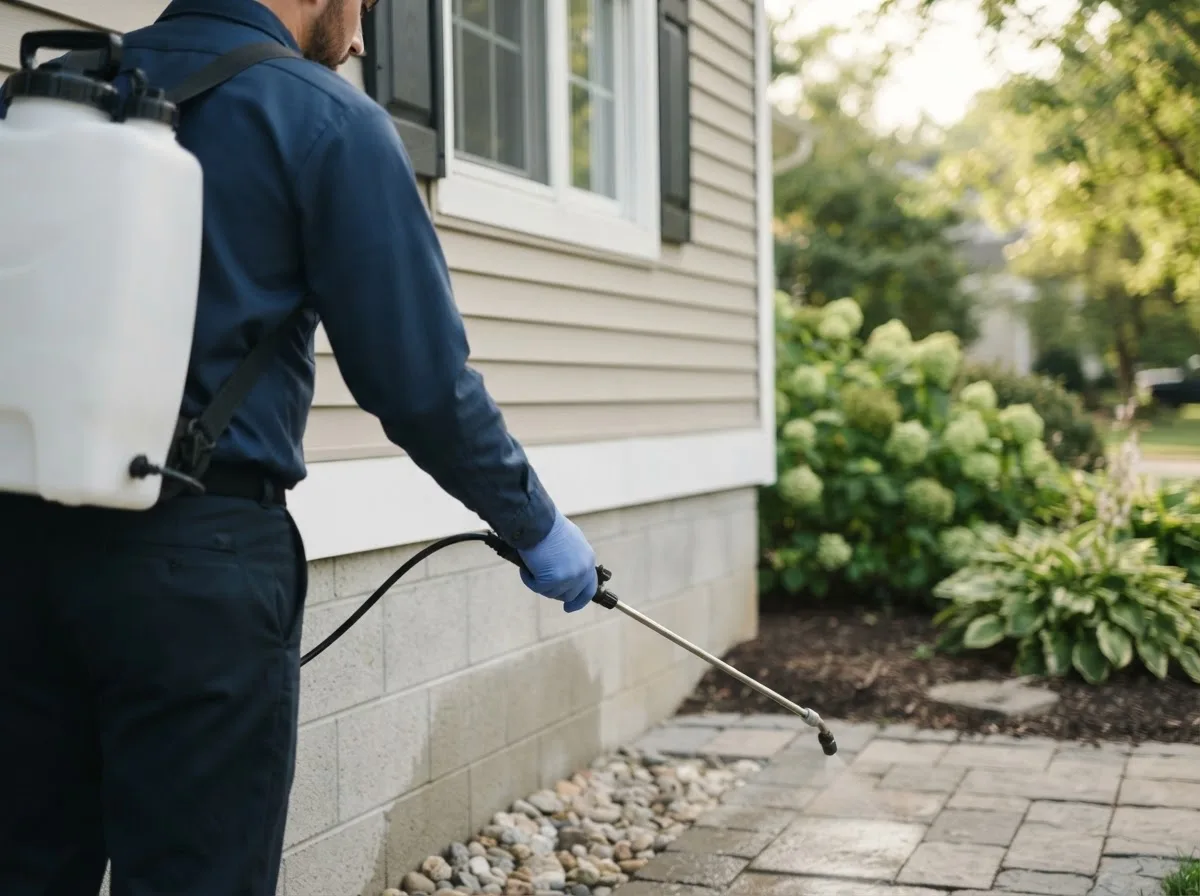 Pest control technician inspecting a home in New Town, ND